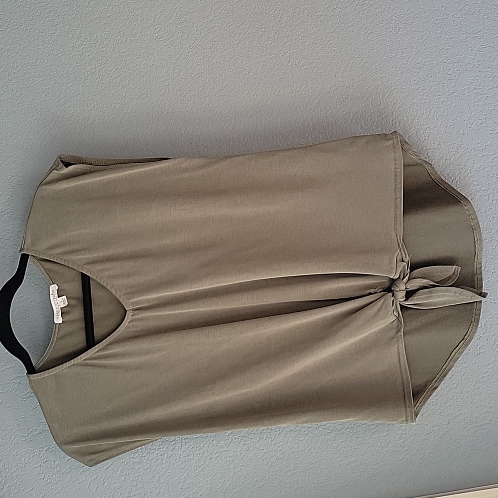 Green V-neck top, front bottom tie. Small Green Envelope LA USA-made.